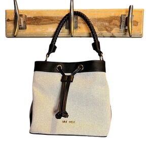 Nine West Bucket Bag White Canvas Black Leather Drawstring Top Handle